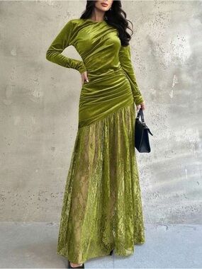 Olive Green Velvet & Lace Long Sleeve Maxi Dress